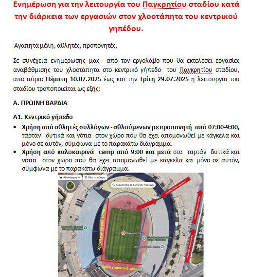 Τροποποίηση λειτουργίας κεντρικού γηπέδου Παγκρητίου Σταδίου από 10.07